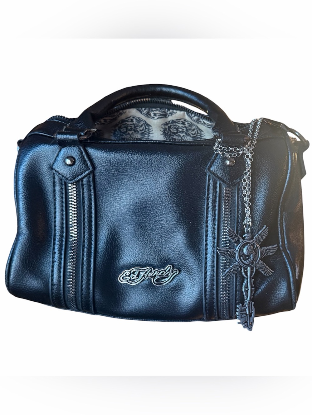 Ed Hardy Black mini bag Top-Handle Satchel zipper details *frayed handles*